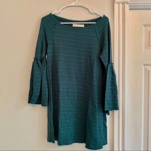 Teal Textured-Striped bell-sleeve dress